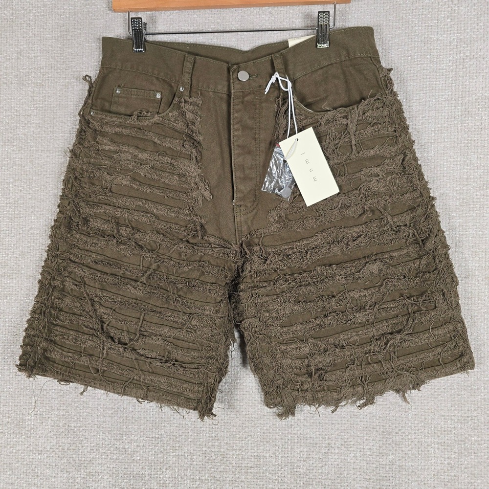 MNML Mens Allover Frayed Denim Shorts Olive Green Distressed Size31 NWT